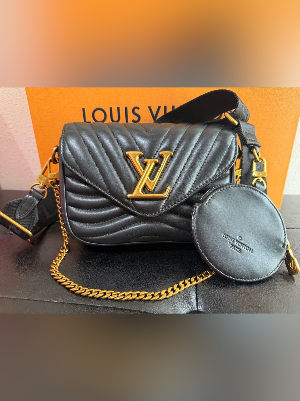 Authentic Louis Vuitton New Wave Multi Pochette Calfskin Black Leather